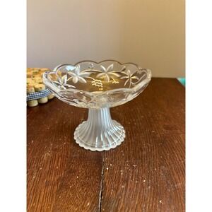 Vintage Frosted Glass Pedestal Candy Dish Etched Floral Grape Scalloped Bowl